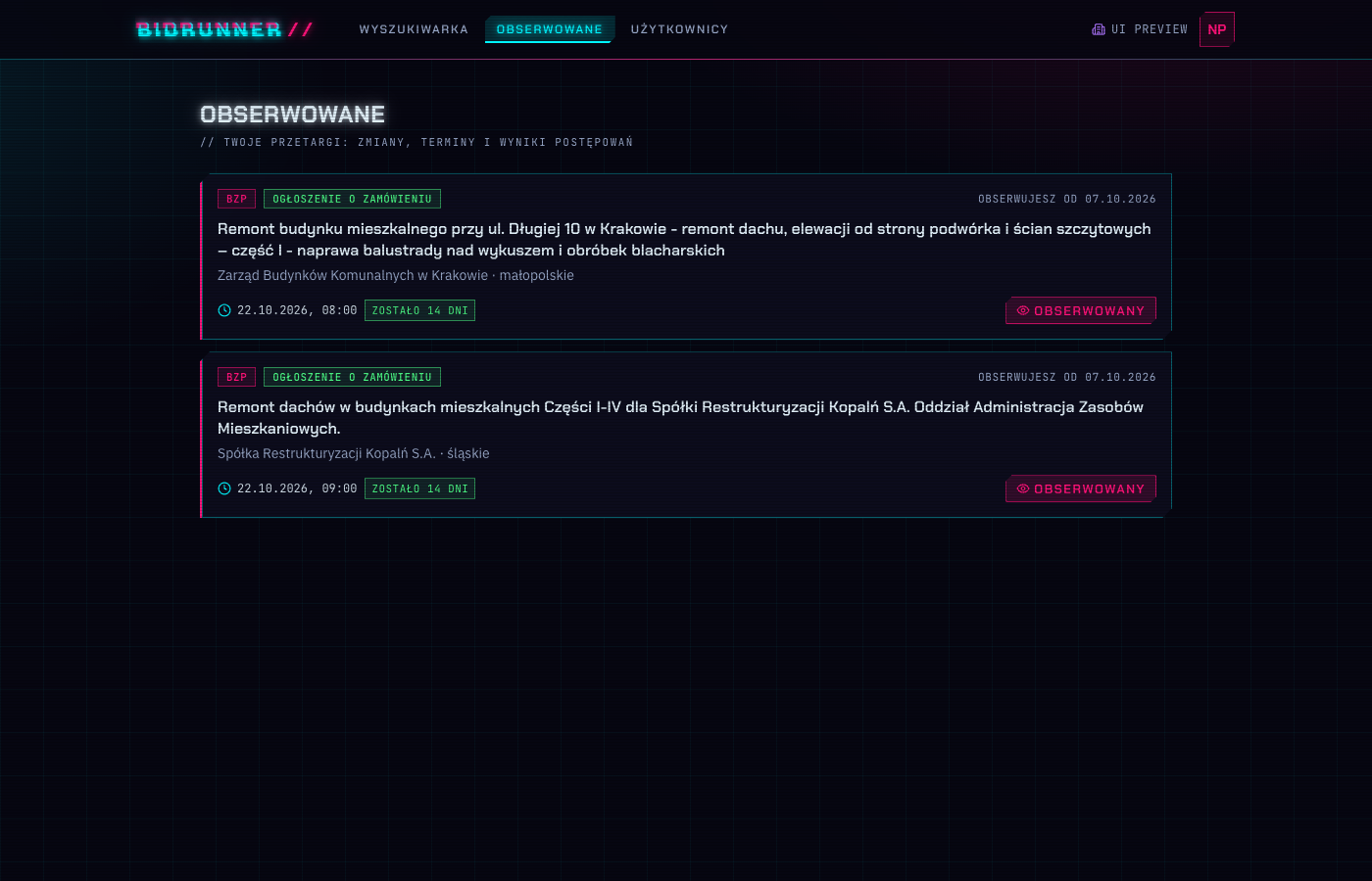 Lista obserwowanych przetargów w Bidrunner ze zmianami od rozpoczęcia obserwacji.